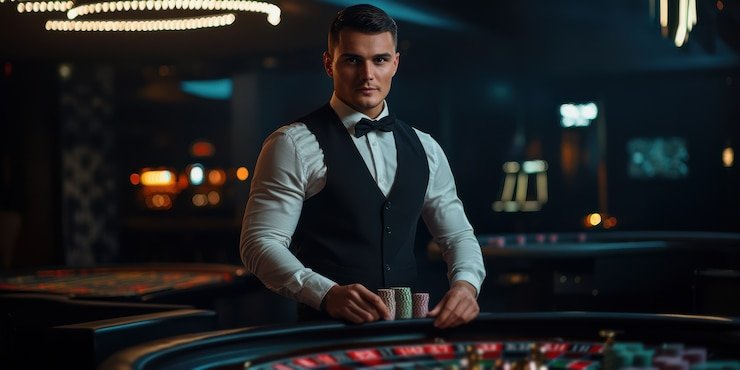 Baccarat dealer at slot janda studio demonstrating hand placement and card reveal